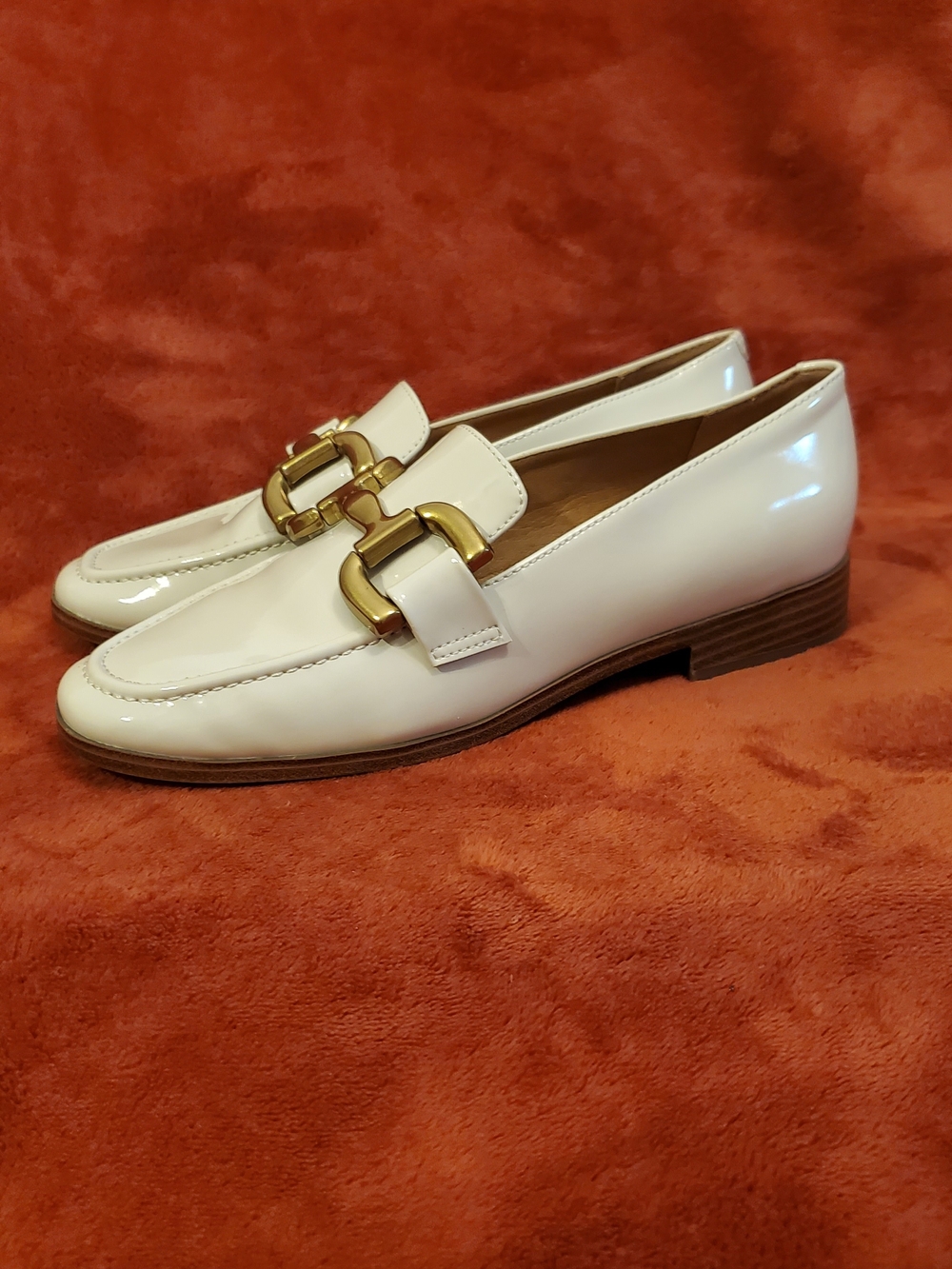 Nine West Cream Patent Loafers with Gold Hardware